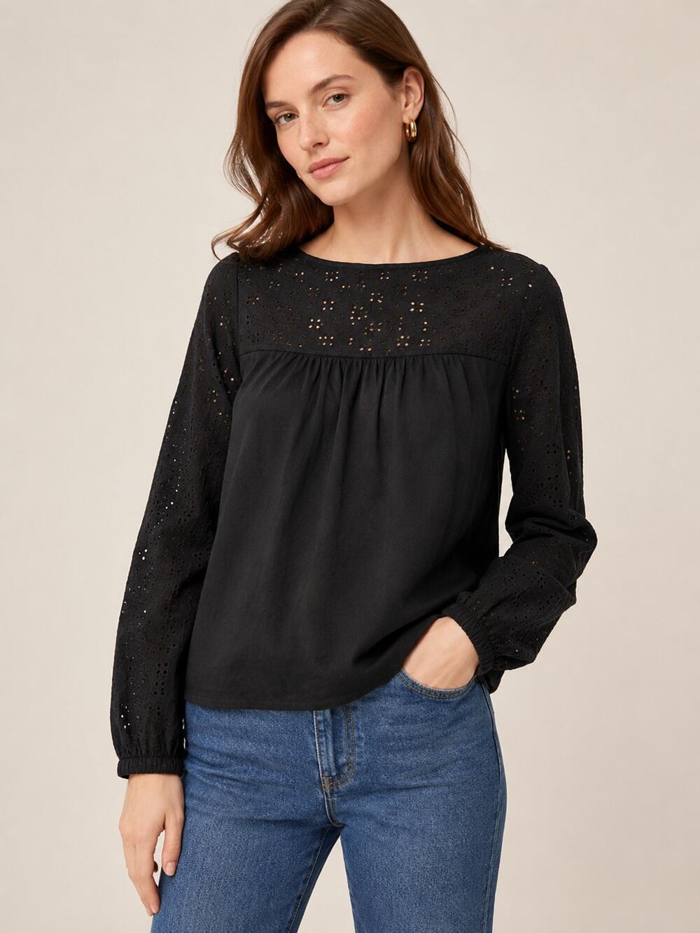 J.Crew Black Linen Blend Eyelet Embroidered Long Sleeve Blouse Top Small